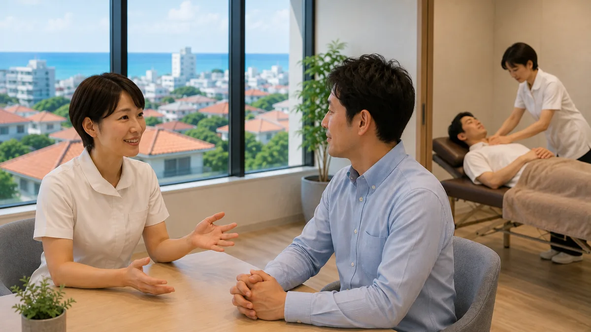 手前で施術者と企業の担当者が相談し、奥では別の社員が施術を受けている