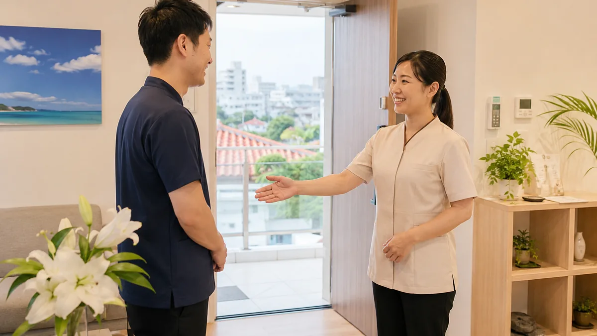 施術者を、受付の担当者が手で室内を示しながら笑顔で迎え入れている