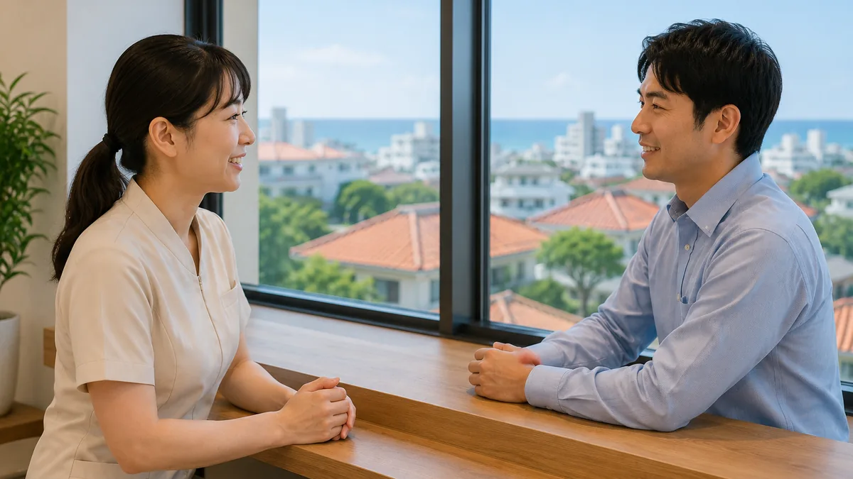 窓の外に海が広がるカウンターで、施術者と企業の担当者が向かい合って話している