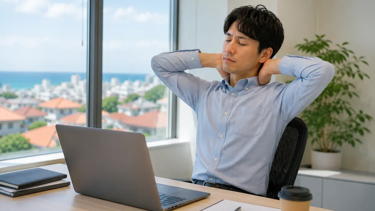 オフィスのデスクでノートパソコンに向かう男性社員が、首の後ろに手を当てて息をついている