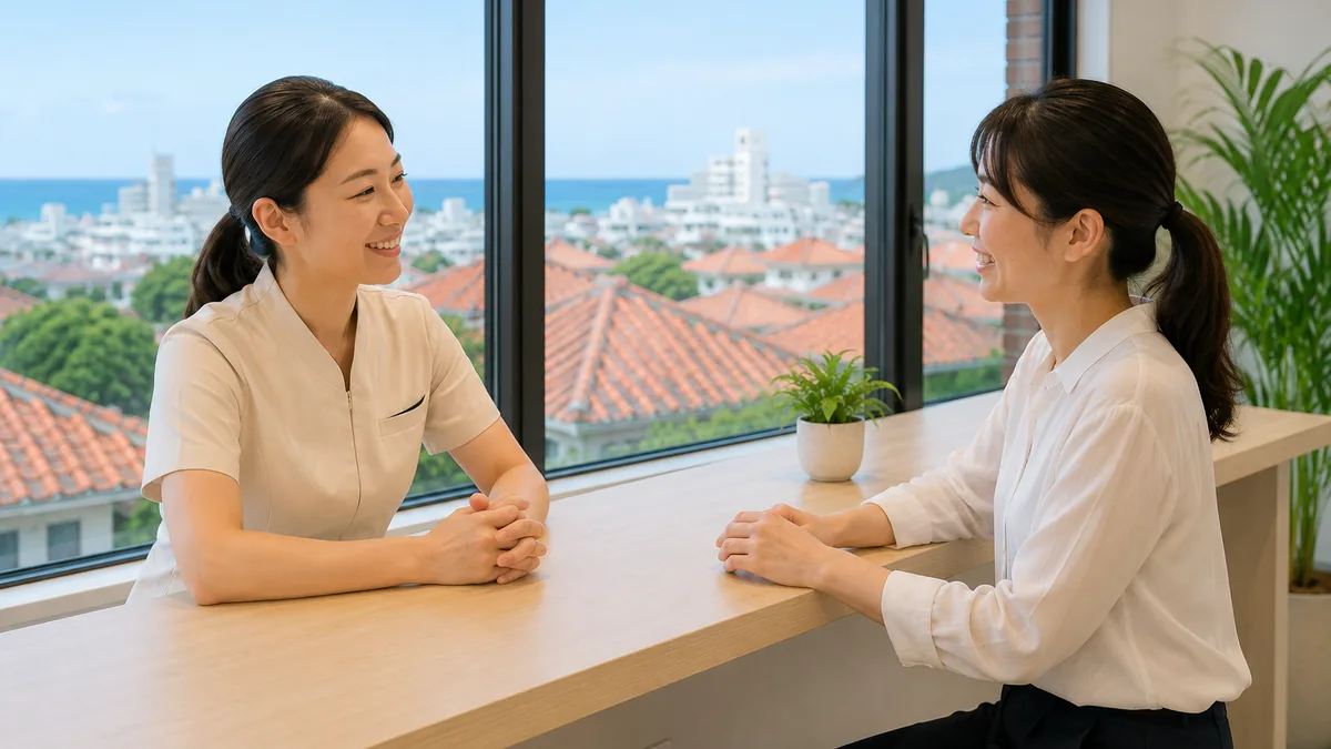 海の見えるカウンターで、施術者と社員が和やかに話している